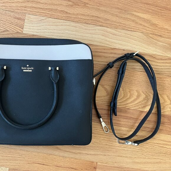 KATE SPADE NY Black Tan Leather Laptop Computer Bag Super Clean! - Picture 2 of 4